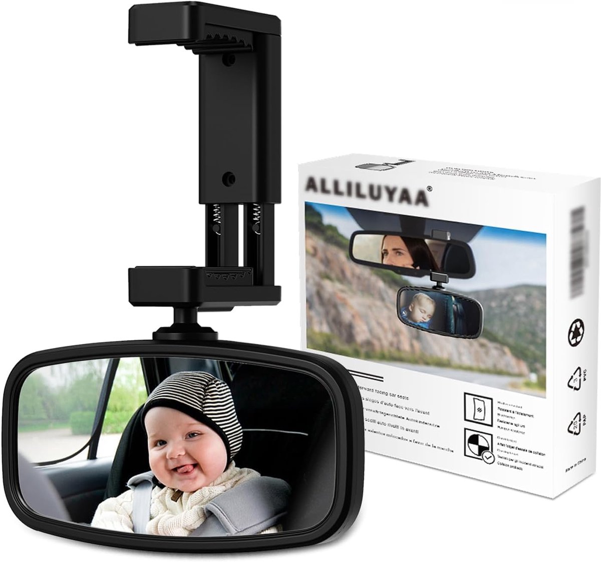 SnelShoppen - Spiegel voor baby's, achteruitkijkspiegel met geveerde clips, glazen spiegel, 360 graden draaibaar, voor de meeste auto's (129 x 65,8 mm