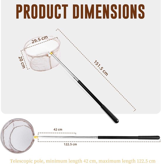 SnelShoppen - Opvouwbaar Telescopisch Schepnet 41-148 cm met Diep Nylon Net van 30 cm en 5 mm Maaswijdte voor Zwembad, Vijver en Fontein - Licht en Du — afbeelding 5