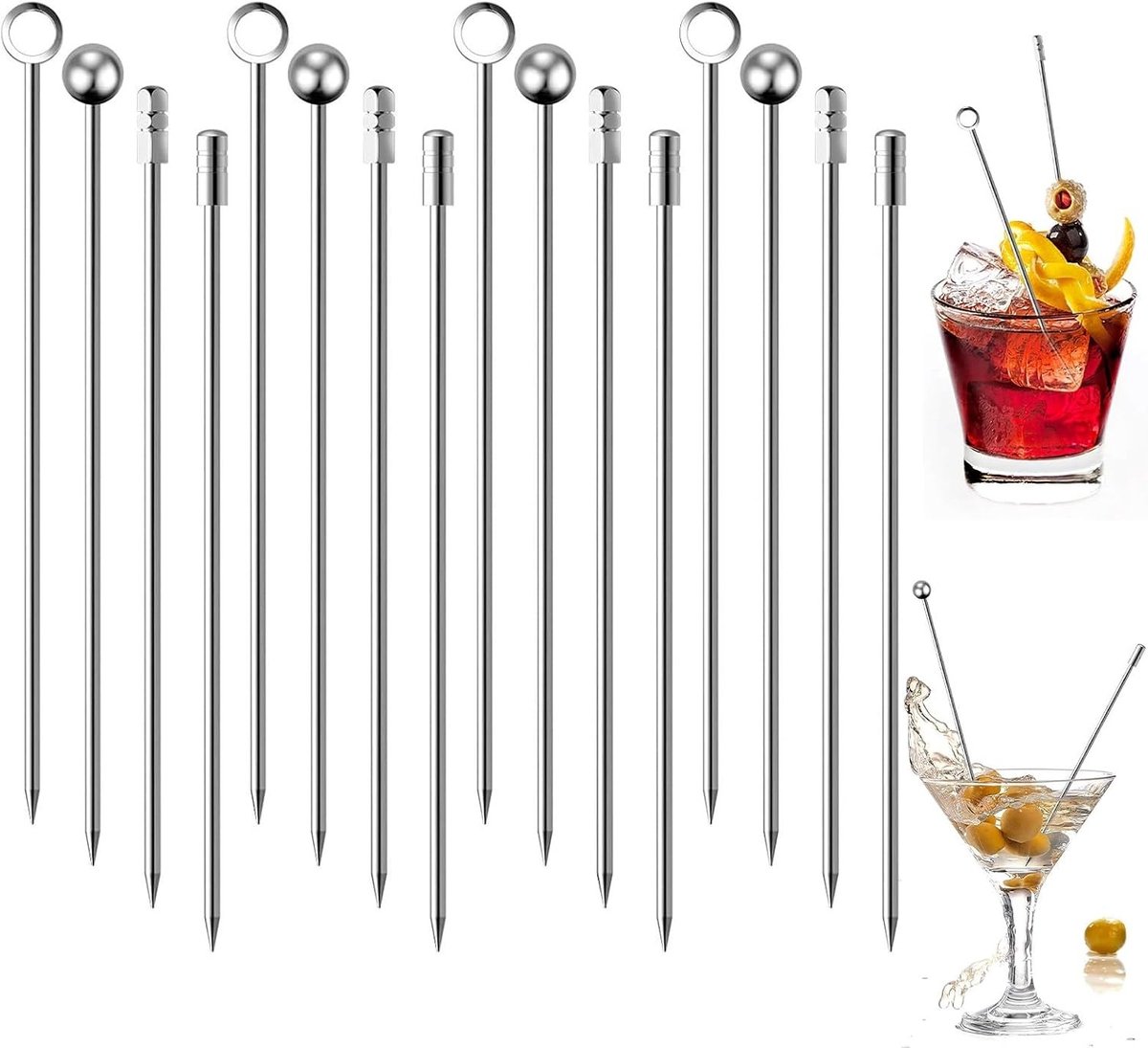 Herbruikbare cocktailspiesen van roestvrij staal, 16 stuks, ideaal voor voorgerechten, fruit en party's, vier verschillende stijlen