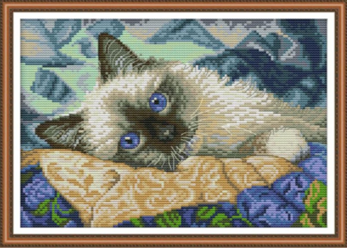 DIY Borduurset voor Beginners en Kinderen - Kat met Blauwe Ogen, 14x11.8 Inch, Voorafgedrukt of Onbedrukt, Creatief Naaien en Thuisdecoratie