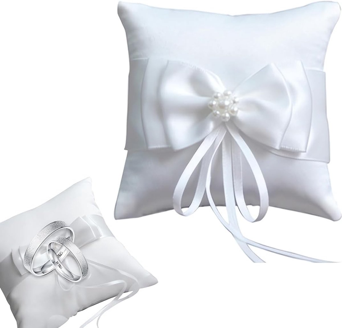 Elegante Witte Ringkussen met Parelstrik voor Verlovingsringen en Vintage Trouwringen - 10 x 10 cm, Perfect voor Bruiloften en Ceremonies