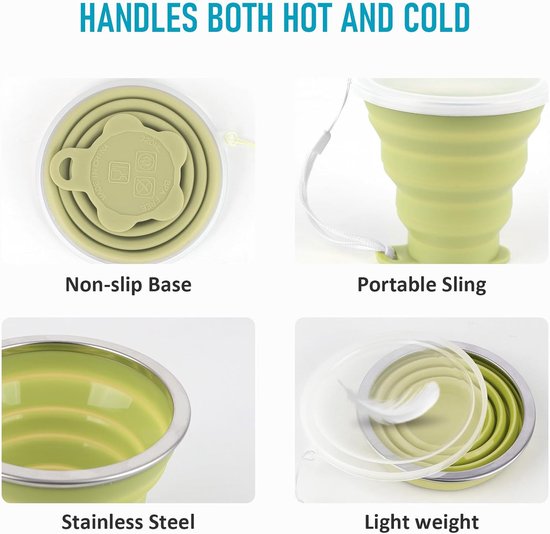 4 Pack 320ML Vouwbare Siliconen Bekers, Herbruikbare Reismokken met Plastic Deksel voor Picknick, Kamperen en Buitenactiviteiten — afbeelding 2