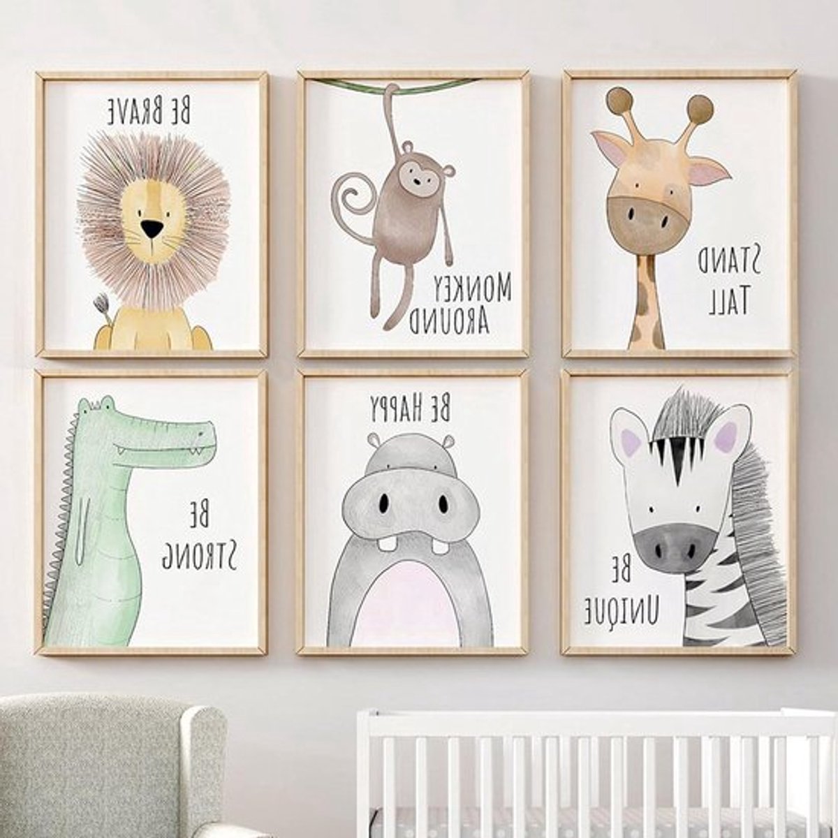 Bos Dieren Babykamer Decoratie - Set van 6 A4 Ingelijste Foto's voor Jongens en Meisjes - Muurkunst Poster voor Kwekerij.