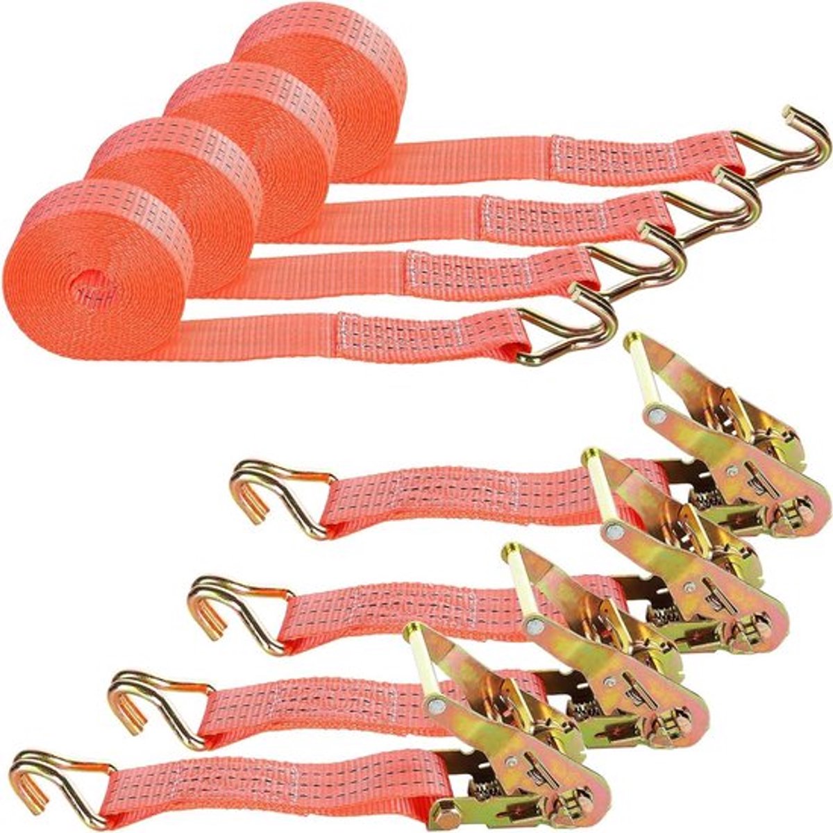 Ratelriemen voor motorfiets, auto en aanhanger - set van 4 - 3000 kg capaciteit - 6 meter x 38 mm - oranje.
