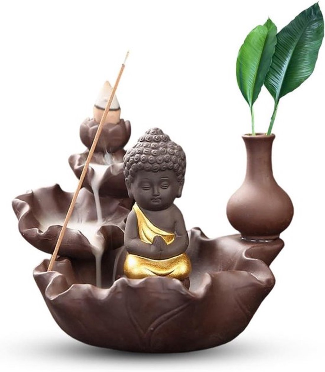 Wierookbrander Boeddha figuur met waterval effect en keramisch materiaal voor meditatie en yoga - Decoratieve houder voor wierookstokjes, backflow brander