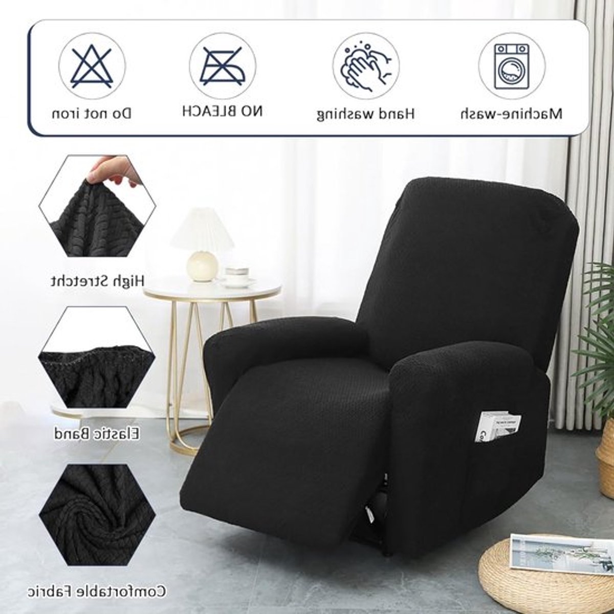 Stretch Stoelhoes Set van 4, Inclusieve Recliner Bescherming, Zwarte Gestreepte Jacquard Hoes voor Meubels en Televisiestoelen