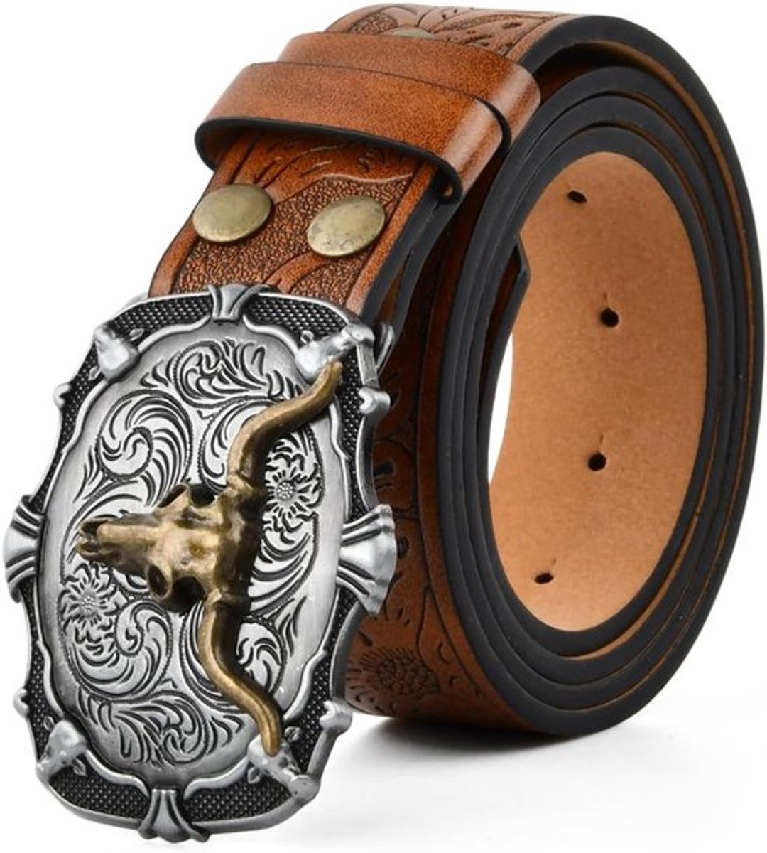 Cowboyriem met Geborduurde Bloemen en Langhoorn Motief voor Mannen, Vintage Stijl voor Jeans en Cadeaus