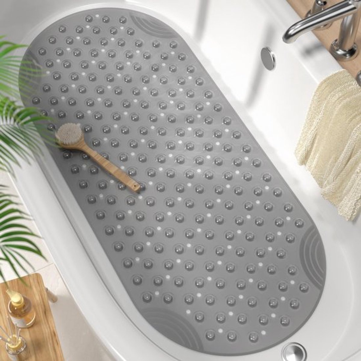 Ovale Antislip Badmat 88 x 40 cm, Schimmelbestendige Badkamer Mat, Machinewasbare Douchemat in Grijs