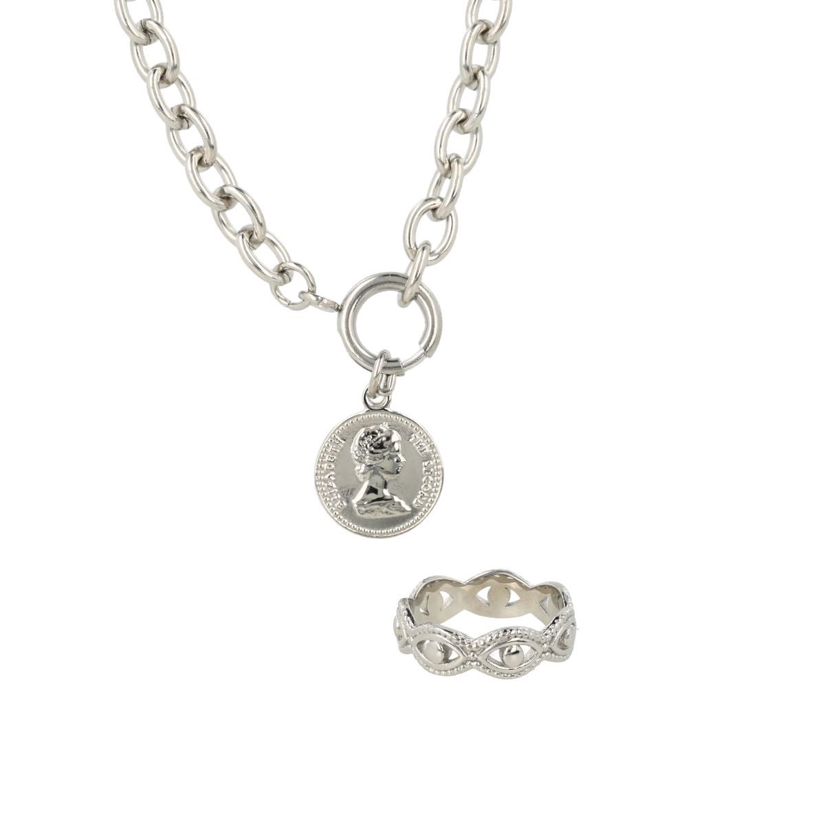 My Bendel - Zilverkleurige Sieraden Set - Ketting met Muntje - met Luxe Cadeauverpakking | Sieraden Voor Dames | Maat 16.00 Mm / Maat 50