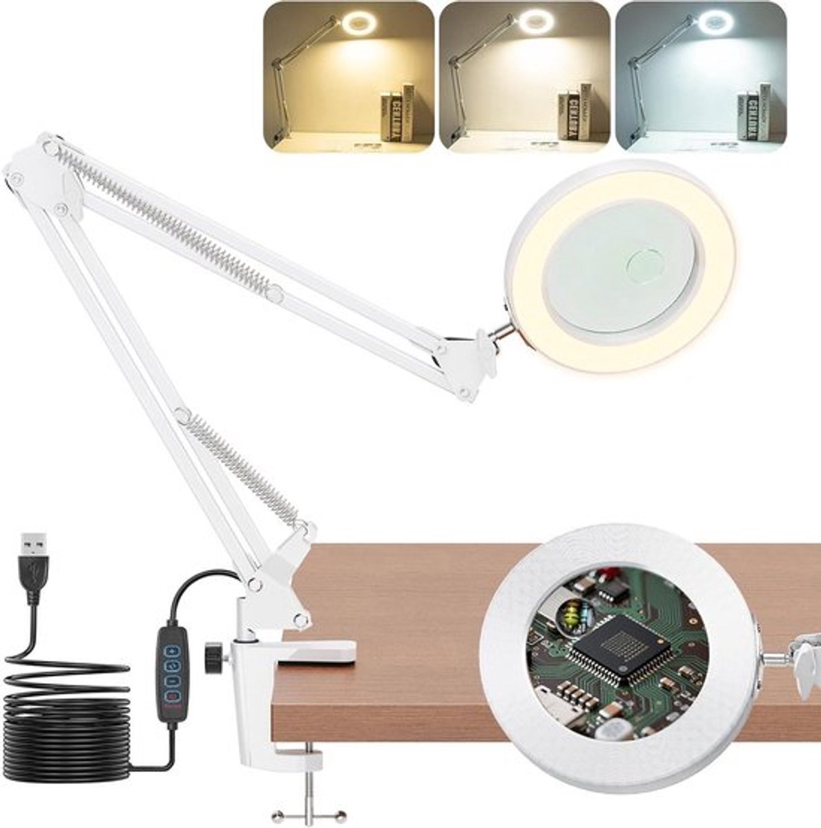 LED Vergrootlamp met Klem en Standaard voor Hobby en Lezen, 10x 8x Vergroting, 3 Kleurmodi