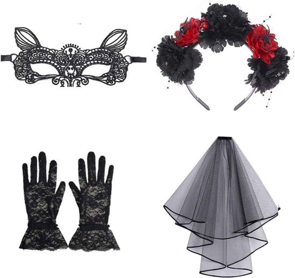 Halloween kostuumset met haarband, zwarte sluier, rozenketting, kanten masker en korte handschoenen voor een spookachtige uitstraling.