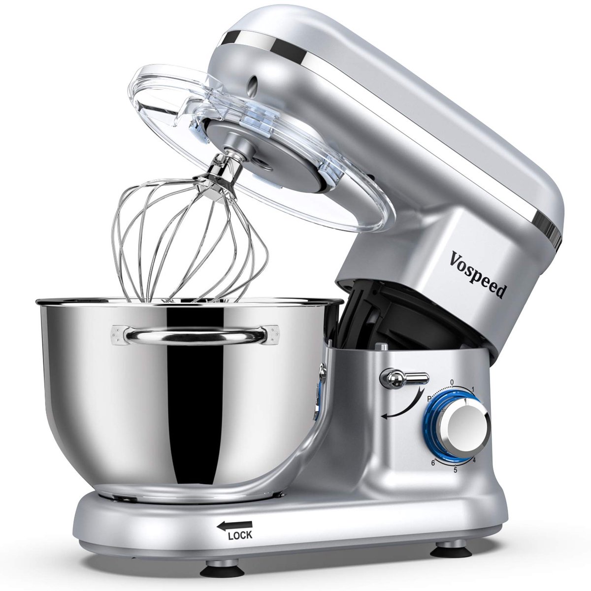 SnelShoppen - Keukenmachine Kneedmachine 1500W met 6-snelheden, 6,2QT Kom, Klopper, Haak, Garde, Eierscheider - Zilver voor Bakken en Koken