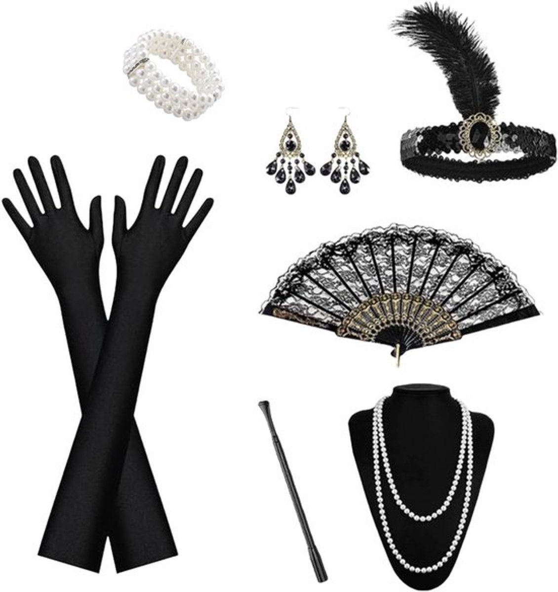 1920s Kostuum voor Dames met Accessoires Set - Flapper Hoofdband, Handschoenen, Parelsnoer en Oorbellen voor Carnaval en Feestjes