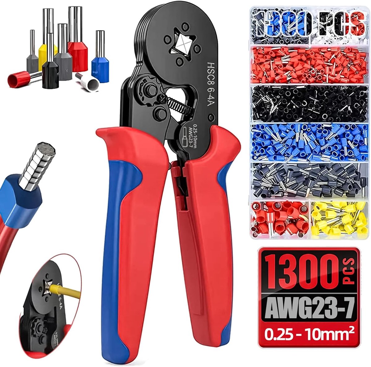 SnelShoppen - 1300 Adereindhulzen Krimptangset - Zelfjusterende Krimptang 0,25-10 mm² - Vierkantverpressing met Ratelfunctie & Ergonomisch Handvat - E
