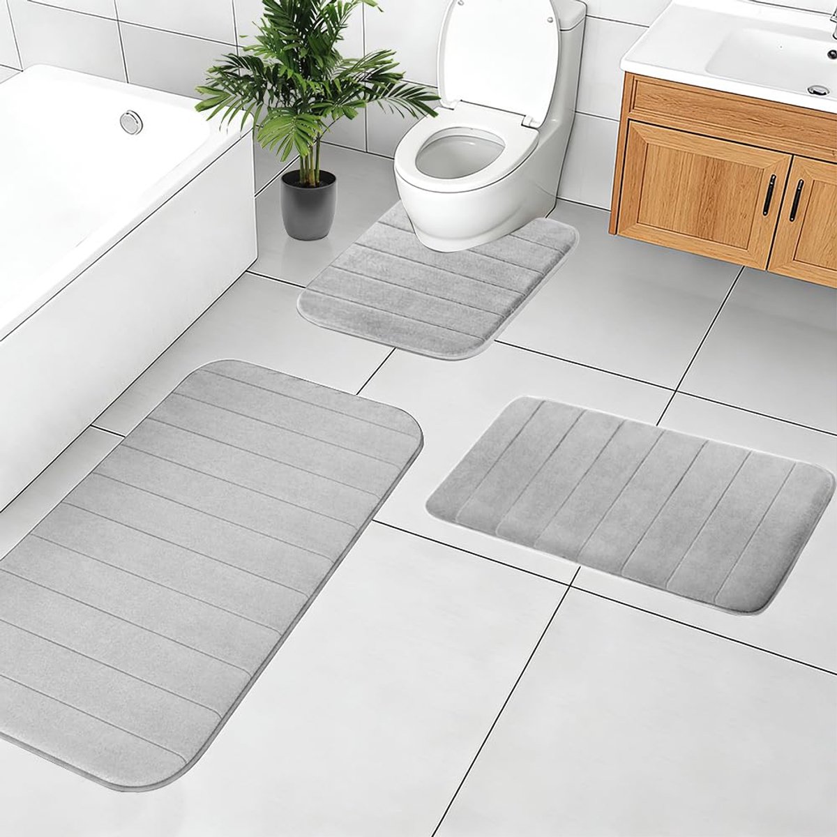 SnelShoppen - RANJIMA Badmat Set 3-delig, Zachte Microvezel, Antislip, Wasbaar, U-vormige Badmat voor Douche, Toilet en Badkuip, Lichtgrijs (U50 x 60