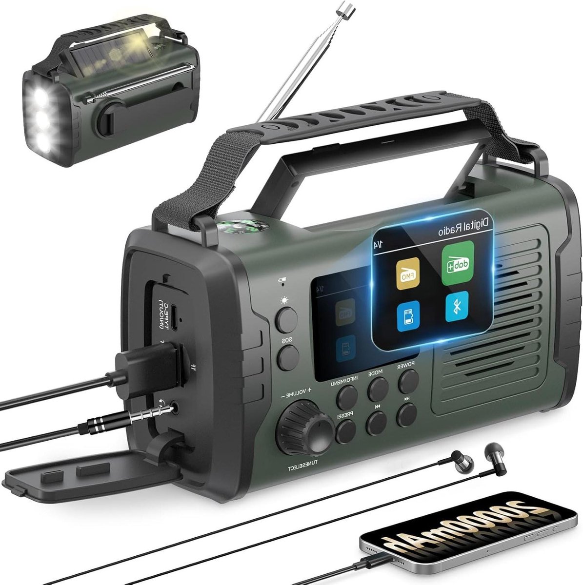 Noodradio DAB - Wind Up Radio - Noodsituaties Voorbereiden - 20000 mAh Accu - SOS Alarm - Groen
