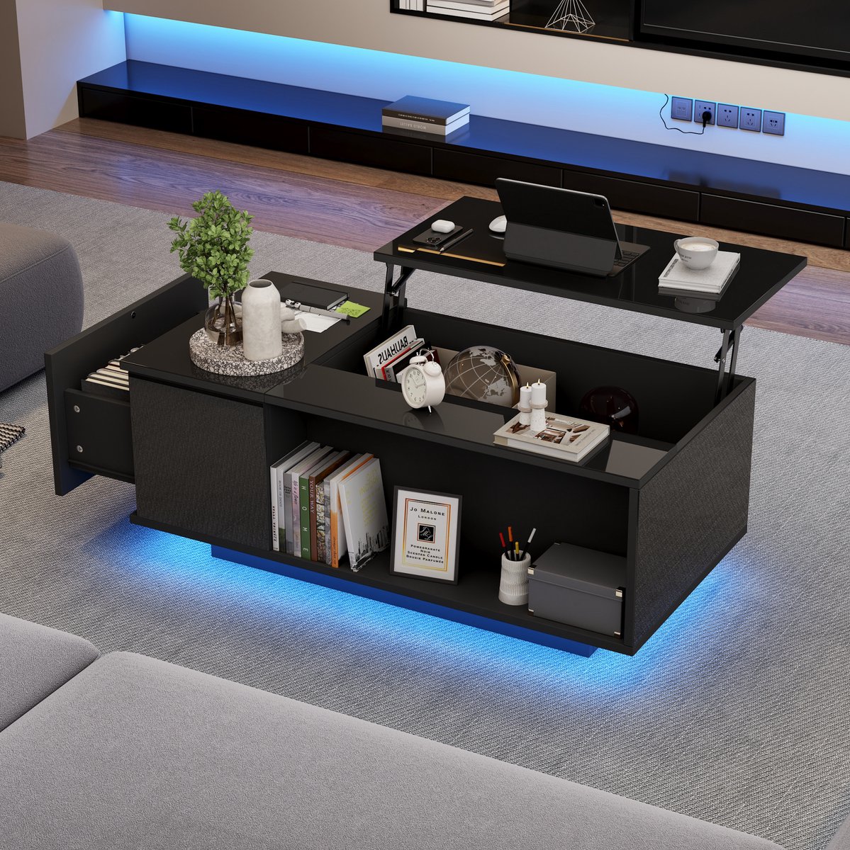 DESMIU Salontafel - Hoogglans Met Verstelbaar Blad En LED-Verlichting - Met Lade En Verborgen Opbergruimte - Zwart - 100x50x40 cm