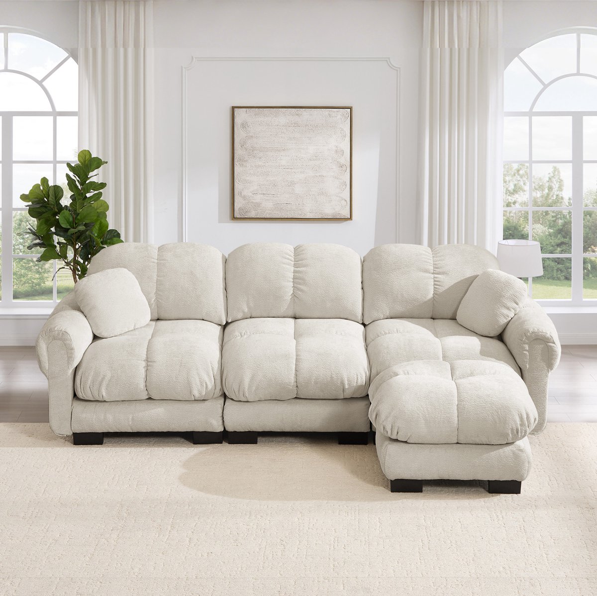 OKWISH Hoekbank 260 x 149 x 149 cm - 3-Zits L-Vormige Bank Met Verplaatsbare Ottomane En 2 Sierkussens - Chenille - Lichtkhaki
