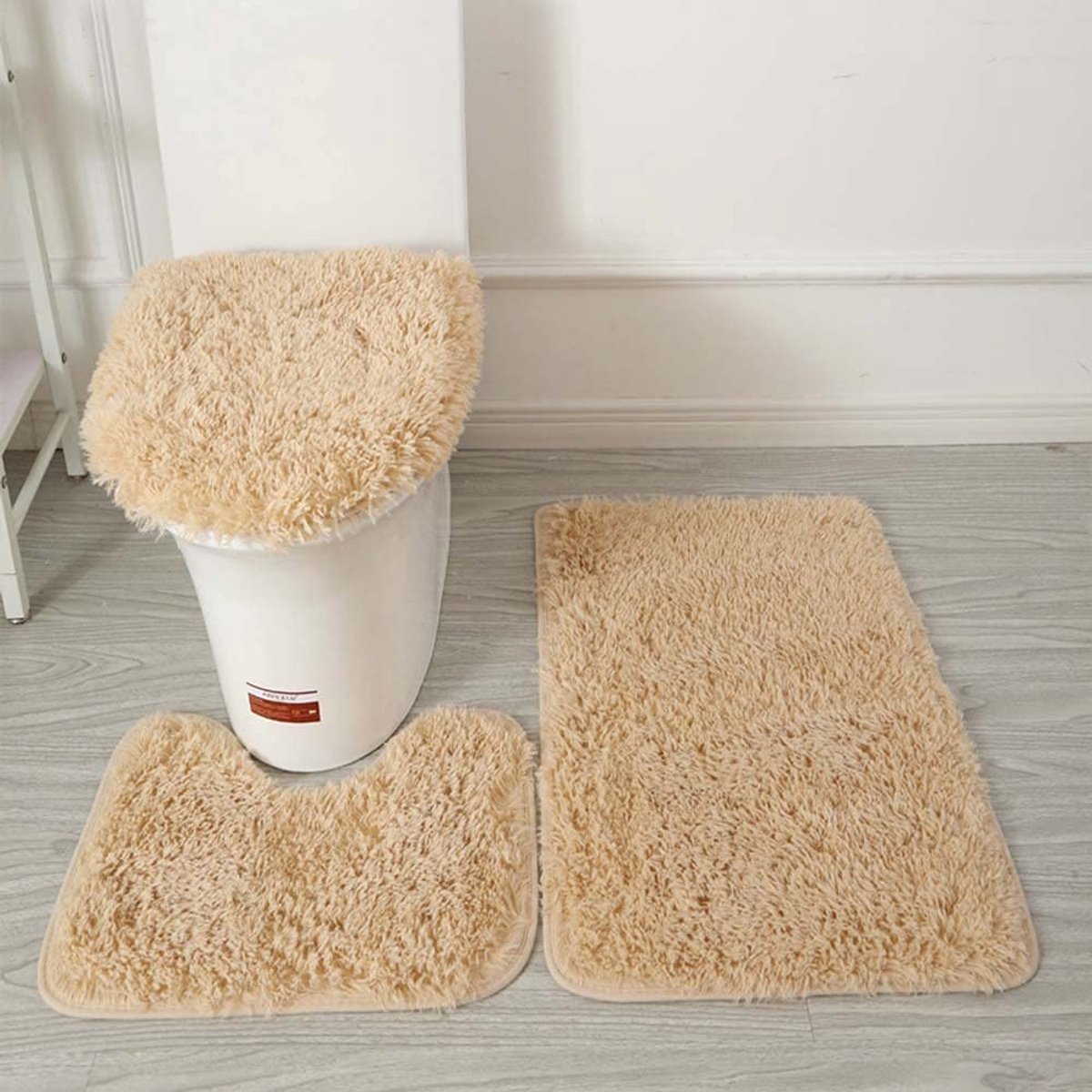 SnelShoppen - Effen kleur badtapijt set van 3 zachte absorberende antislip badmatten en toilet cover, wasbare tapijten voor badkamer, toilet en keuken