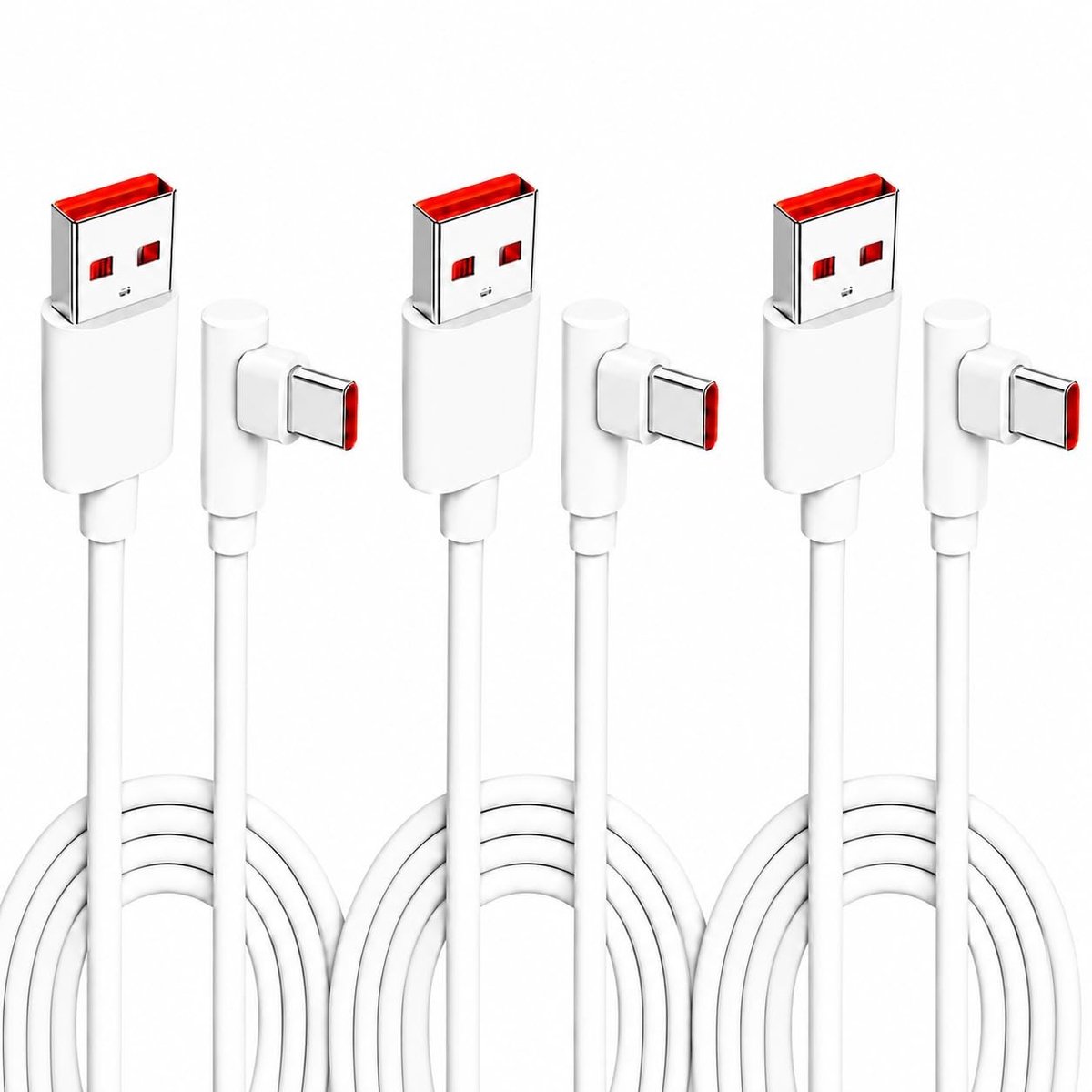 3 stuks 2 m lange USB C-kabels met 90 graden schuine stekker voor snel opladen en gegevensoverdracht, ideaal voor smartphones en tablets, robuust en geschikt voor dagelijks gebruik en gaming