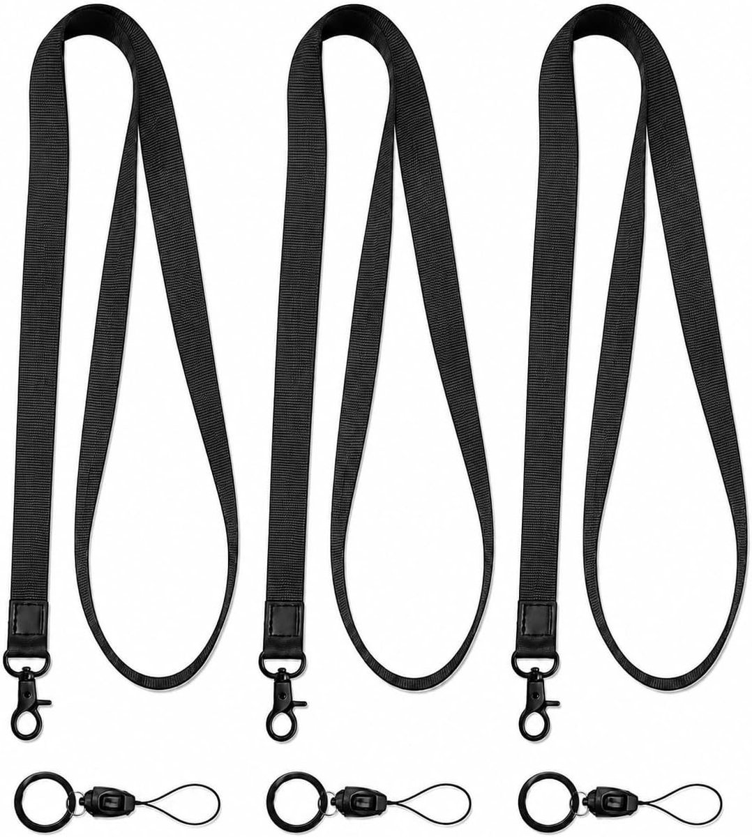Nekriem lanyard sleutelbanden set van 3 voor pasjes en sleutels, ideaal voor dagelijks gebruik, zwart en duurzaam
