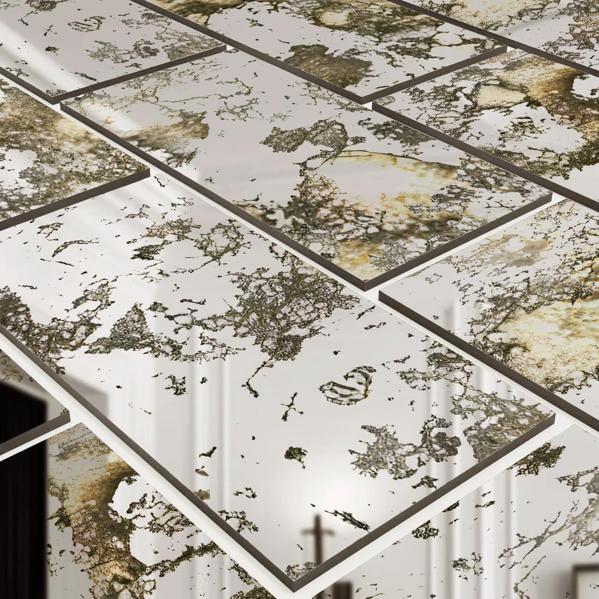 3D roestige spiegeltegels met vintage spiegeleffect, 21 stuks zelfklevende wandpanelen voor keuken en badkamerdecoratie, eenvoudig te installeren en waterbestendig.