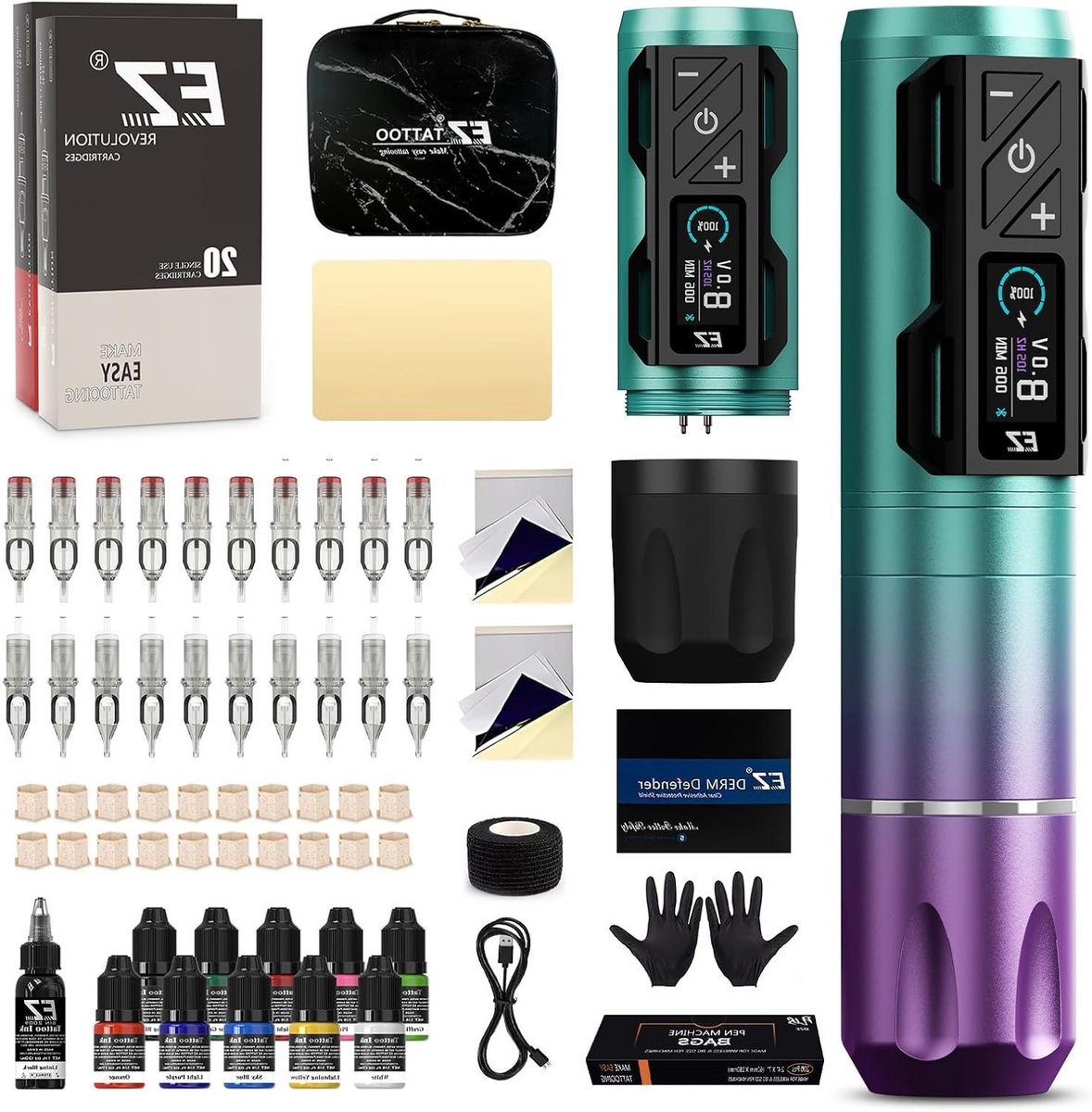 Tatoeage Kit - Tattoo Pen - Professioneel Zetten - Draadloze Motor - 11 Kleuren Inkt - Paars Blauw