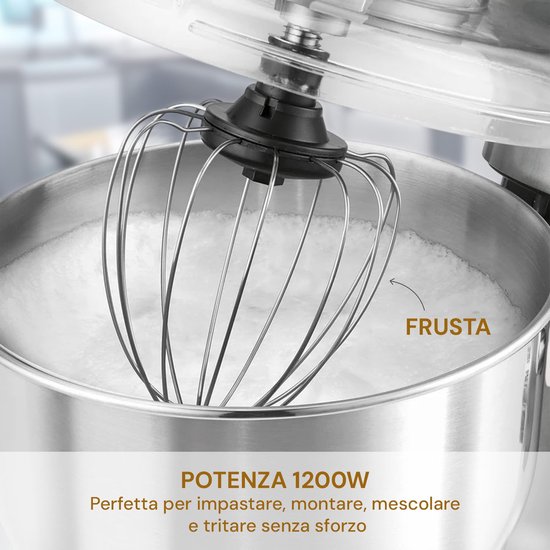 Krachtige Planetaire Mixer 1200W met 6.2L RVS Kom, Inclusief Deegkneedhaken, Garde en Vleesmolen — afbeelding 2