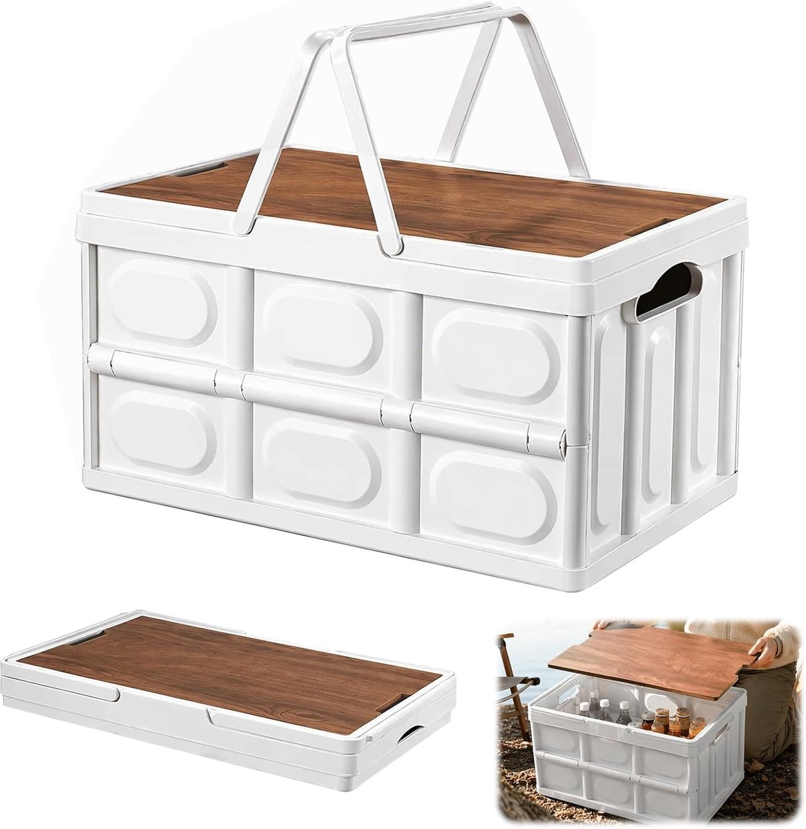 SnelShoppen - 30L Vouwbox - Opvouwbare Campingbox met Houten Deksel - Stabiele Opbergbox 43 × 30 × 24 cm - Wit - Ideaal voor Camping, Tuin, Kinderen e