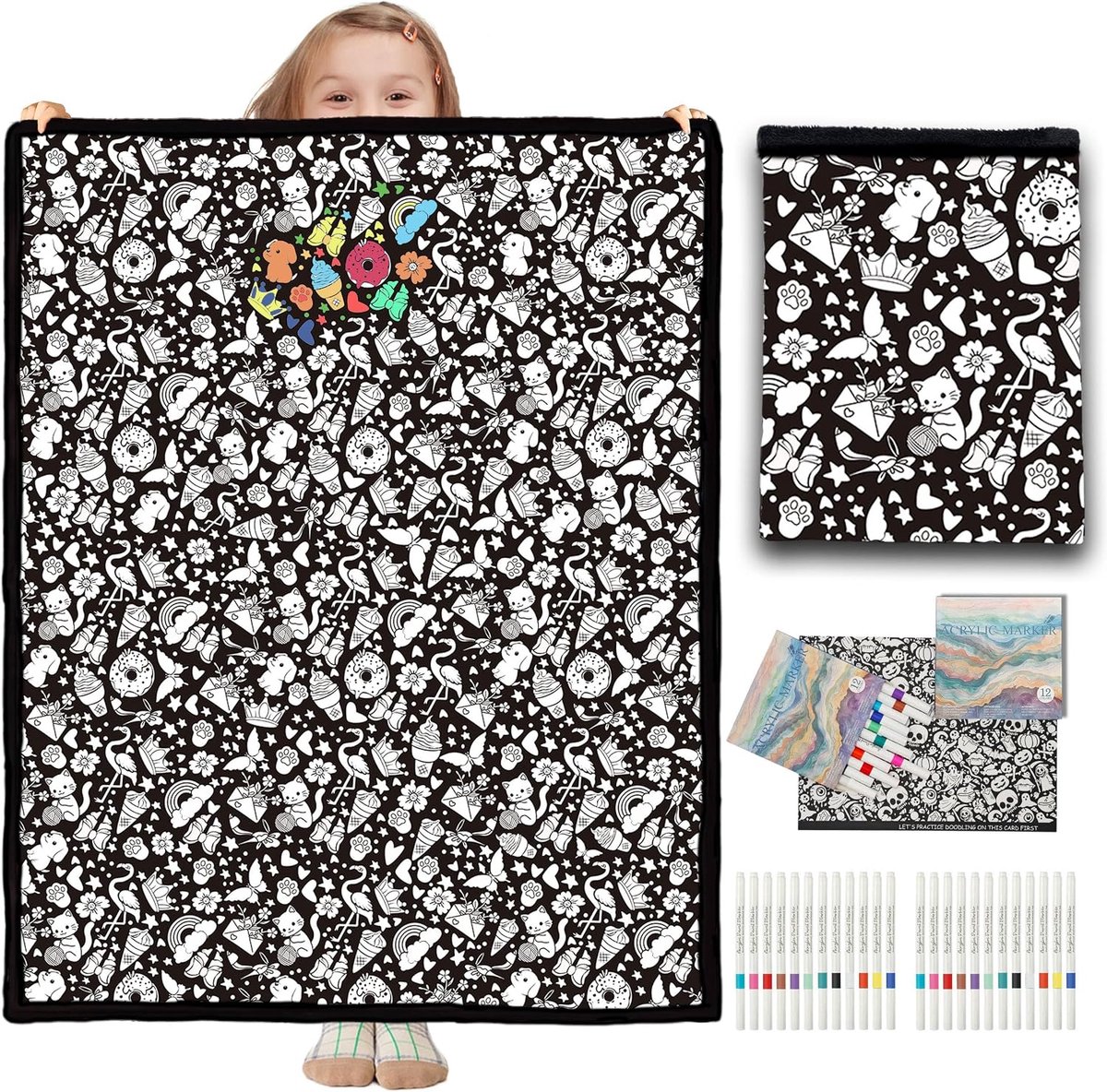 DIY kleurdeken - 150×125cm - Kleurdeken met 12 stiften - kleurdekens voor volwassenen - Wasbaar kleurboekdoek - Schilderdeken voor volwassenen - Fluwelen kleurdeken - Voor dagelijks gebruik en als woondecoratie