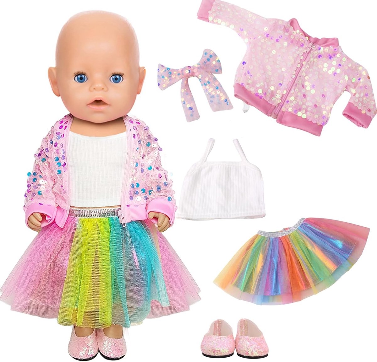 Schattige Baby Doll Kleding Set, 6 Outfits voor 36-45 cm Poppen met Jassen, T-shirts, Rokjes, Schoenen, Tassen en Haarbanden als Verjaardagscadeau voor Meisjes