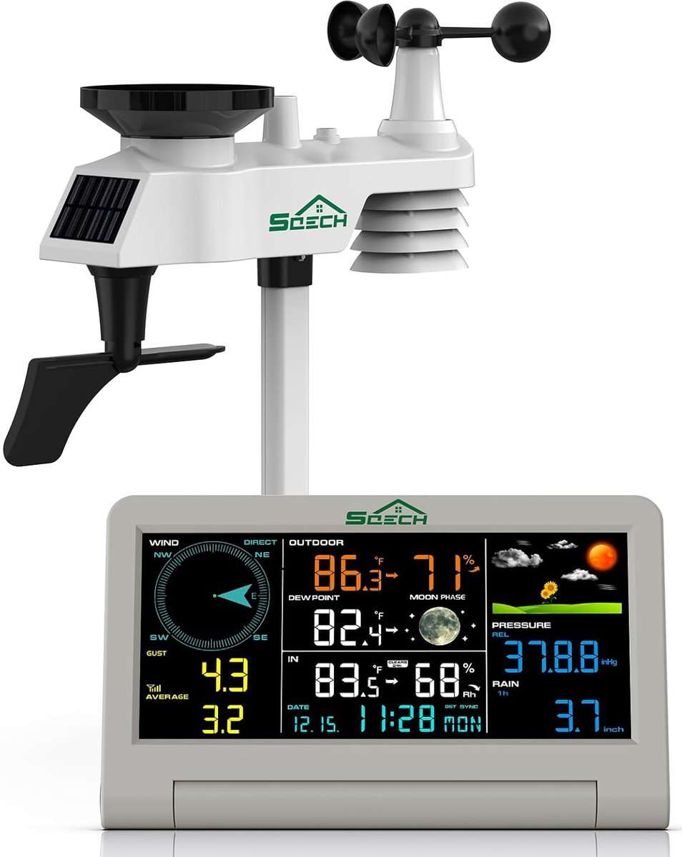 SnelShoppen - Draadloos Weerstation 7-in-1 met Windmeter, Regenmeter, Temperatuur- en Luchtvochtigheidssensor, Tuin & Buitengebruik, Zwart