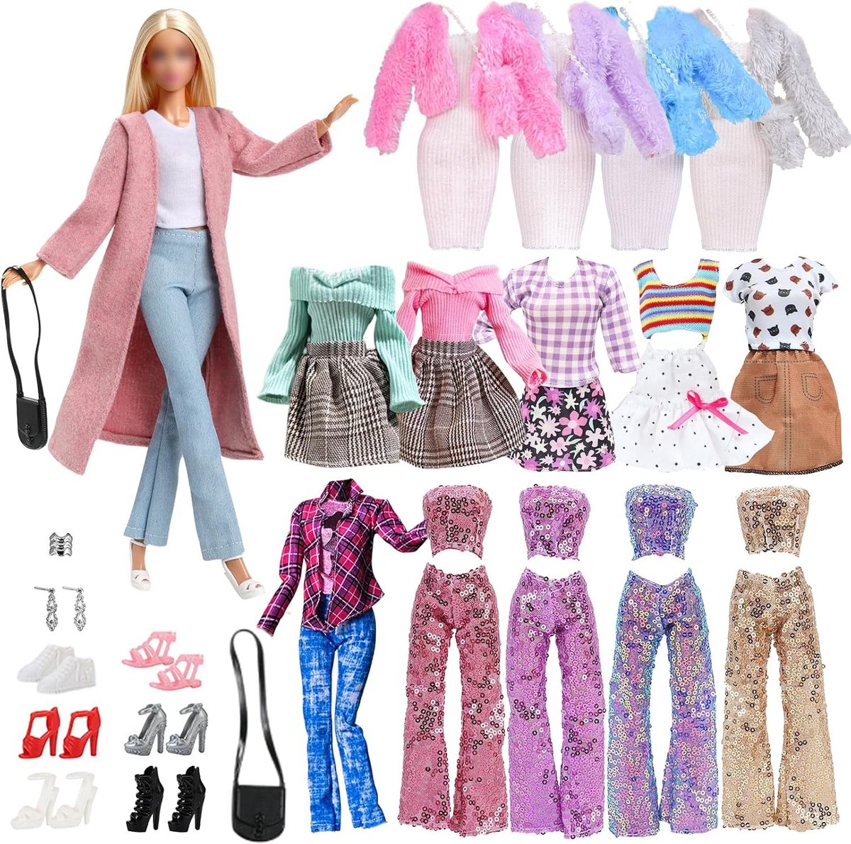 16-delige Poppenkleding Set met Casual Outfits, Schoenen, Handtassen en Sieraden voor 11,5" Poppen