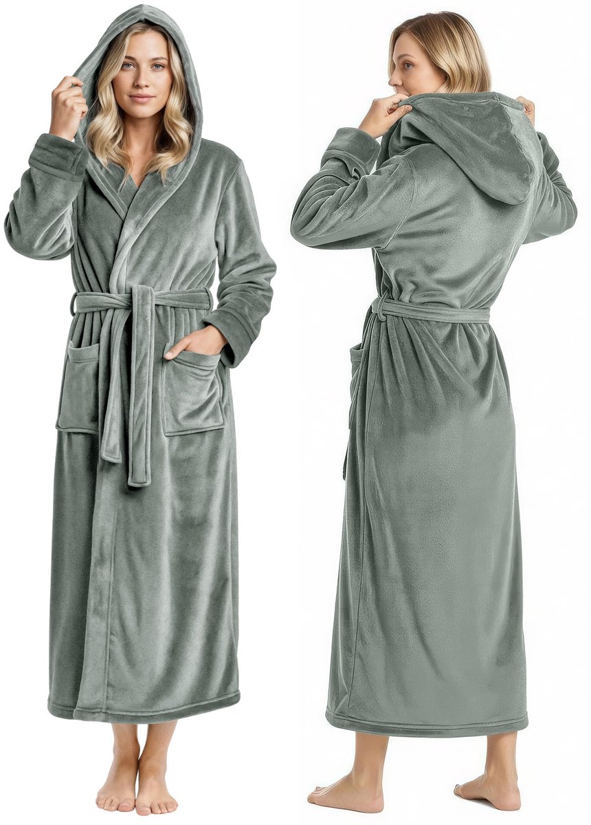 SnelShoppen - Dames Badjas met Capuchon - Zachte Pluche Polyester Fleece - Lange Badjas in Staal Grijs, M - Perfect voor Thuis en Wellness