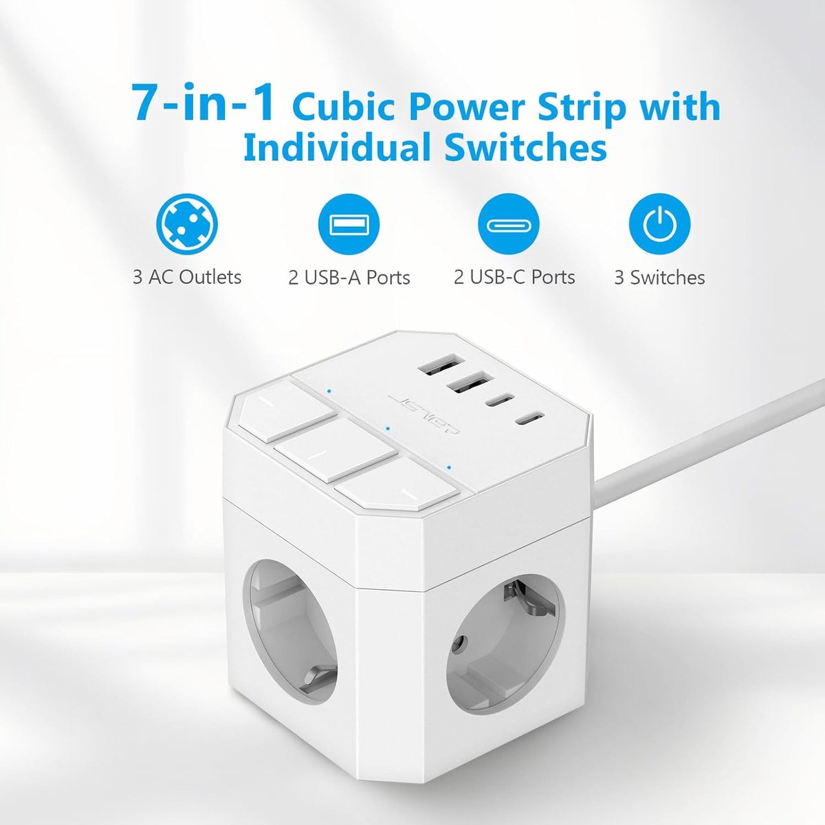 Stekkerdoos met USB 3 stopcontacten en 4 USB-poorten, kubusvormig met schakelaars en 3 meter verlengkabel wit