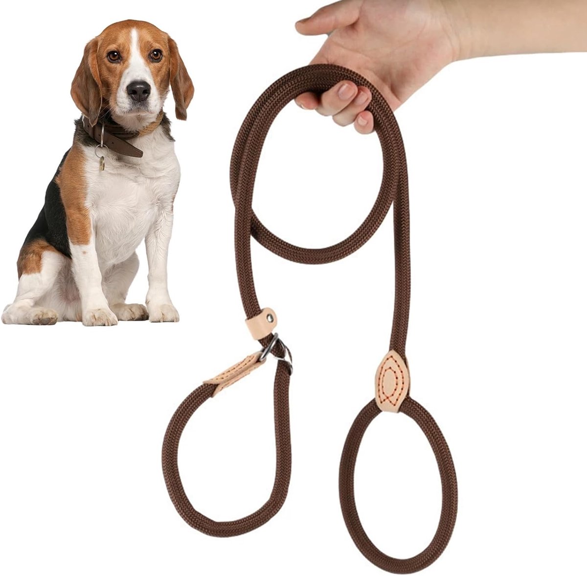 Retriever-lijn met anti-tractie, 180 cm hondenriem klimtouw, geïntegreerde halsband, verstelbare trainingslijn voor kleine tot grote honden, duurzaam en comfortabel, bruin