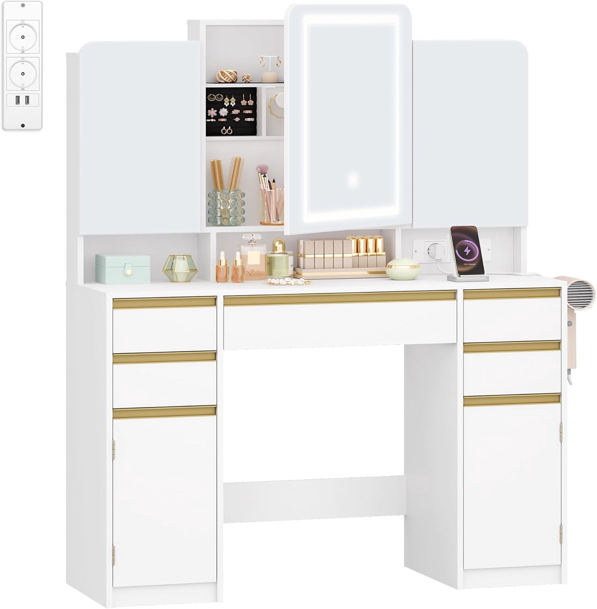 Hzuaneri Kaptafel met Spiegel, Kaptafel met 10 LED-Lampen, Instelbare Helderheid, Stopcontacten, 5 Laden, 2 Kasten en 9 Open Planken, Make-up Bureau, Voor Slaapkamer, 40 × 108 × 143,2 cm, Wit