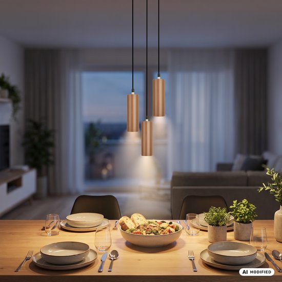 Drie koperkleurige, geribbelde hanglampen boven een eettafel in een woonkamer.