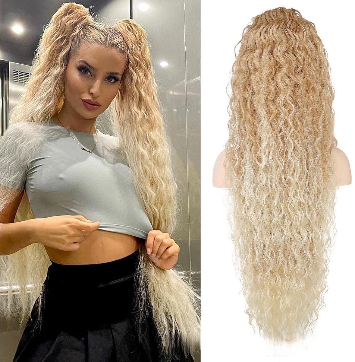 QTTVBTNA -Krulpaardenstaart - Hairextensie - Valse Paardenstaart - Goud, 50 cm, hittebestendig synthetisch haar - Handgemaakt, continue vlechttechniek - Trekkoordsysteem, eenvoudig te dragen - Voor feesten, bruiloften en dagelijks gebruik
