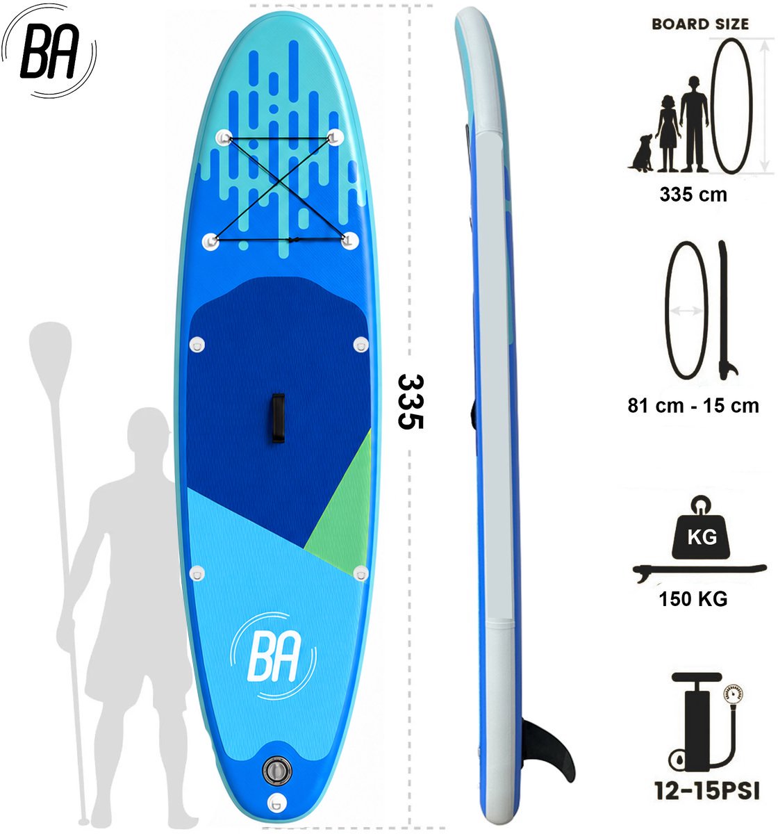 Best Active Horizon SUP Board XXL - 335x81x15cm - Opblaasbaar Paddle Board - Complete Set Inclusief SUP Zitje - Met Pomp / Draagtas / Verstelbare Peddel / Enkelkoord / Reparatiekit - Belastbaarheid Max. 150KG - Blauw – foto 7