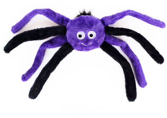 Paarse knuffelspin met zwarte poten en witte ogen.