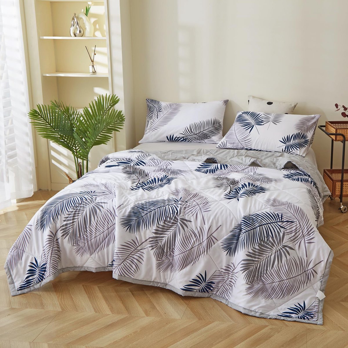 SnelShoppen - Zacht Ademend Dekbed voor Zomer, Omkeerbaar Microvezel Deken 180 x 200 cm, Licht en Gewatteerd, Zomerbladeren voor Comfortabel Slapen