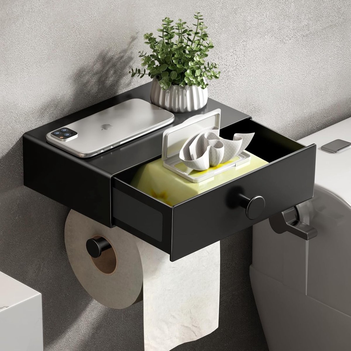 SnelShoppen - Toiletpapierhouder zonder boren, wc-rolhouder met box voor vochtige doekjes, lade en plank, mat zwart, wandhouder voor toilet en badkame