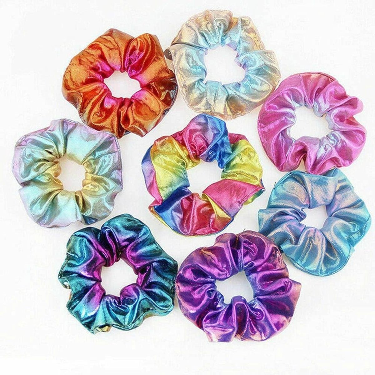 8 Stuks Shiny Metallic Haar Scrunchies - Regenboog Haarbanden, Elastische Scrunchies voor Vrouwen en Meisjes, Glanzende Haaraccessoires voor Diverse Haarstijlen