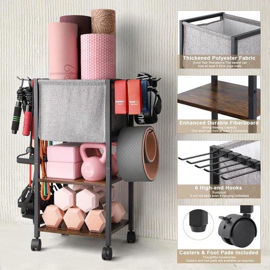 SnelShoppen - Yoga Mat Opbergrek, Multilaags Yoga Mat Houder, Fitness Apparatuur, Dumbbell Rek met Haakjes en Wielen, Thuis Gym Workout Opbergoplossin van Snelshoppen — afbeelding 3