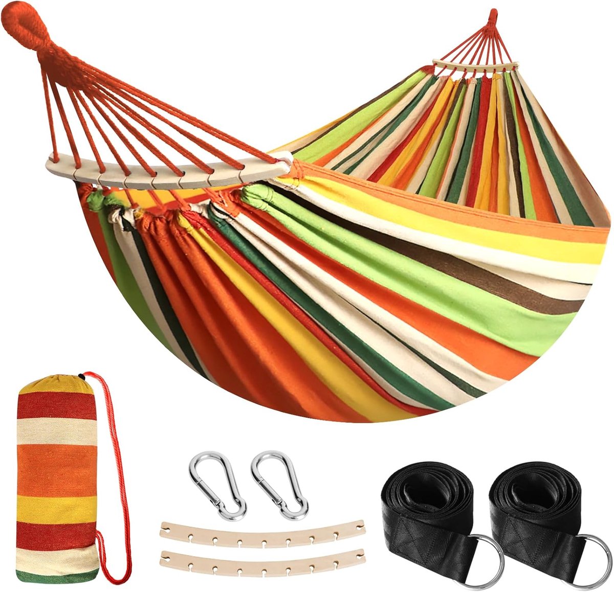 SnelShoppen - Duurzame hangmat met afneembare houten stang | Comfortabele, ademende hangmat voor binnen en buiten, met riemaccessoires en draagtas, id