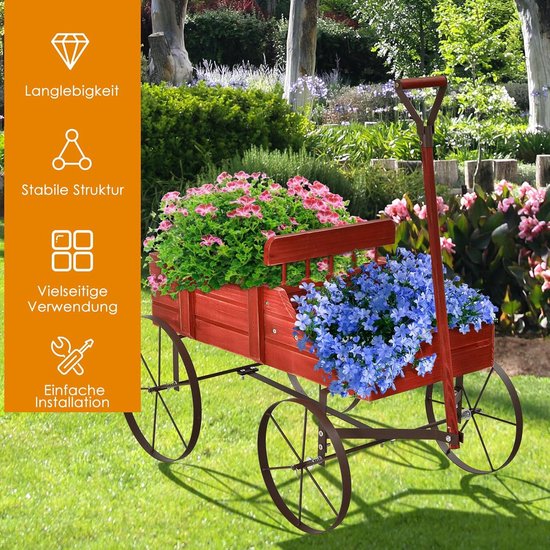 Houten Plantenwielwagen met Wielen en Handvat - Bloembak voor Tuin en Buiten, 62 x 34 x 60 cm van Merkloos	 — afbeelding 2