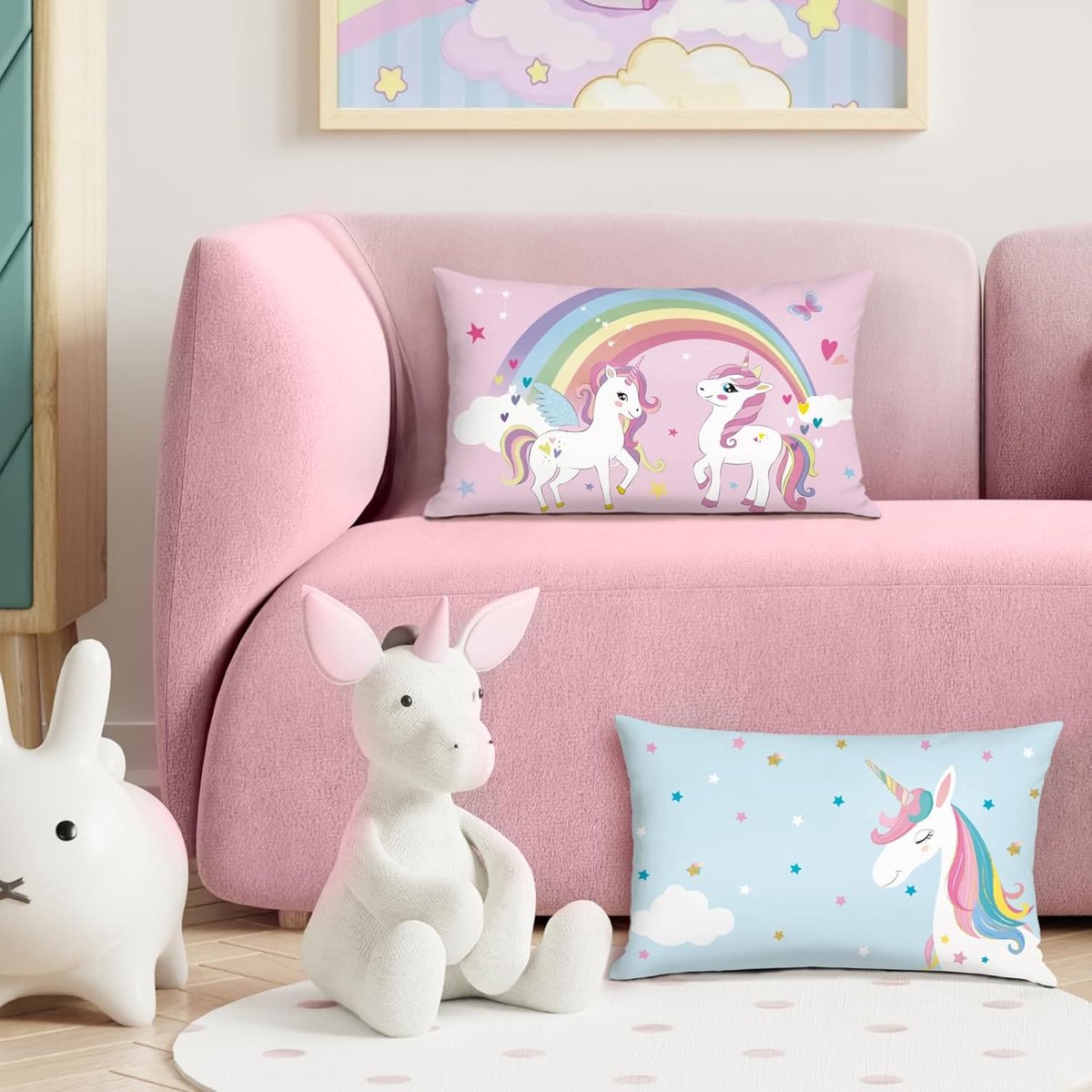 SnelShoppen - Set van 2 Bonhause Kussenslopen 30 x 50 cm, Eenhoorn en Regenboog, Blauw/Roze, Decoratieve Kussenovertrekken voor Bank, Kinderkamer, Thu