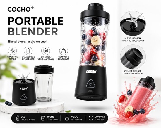 COCHO® Blender To Go - Smoothie Maker 650ML - Oplaadbare Mini Blender - Smoothies & Shakes - Draadloos & Draagbaar - Fruit Mixer - USB Oplaadbaar Merk:Cocho - 2,8 Bekijk 10 reviews - Delen - Rapporteer van COCHO® — afbeelding 3