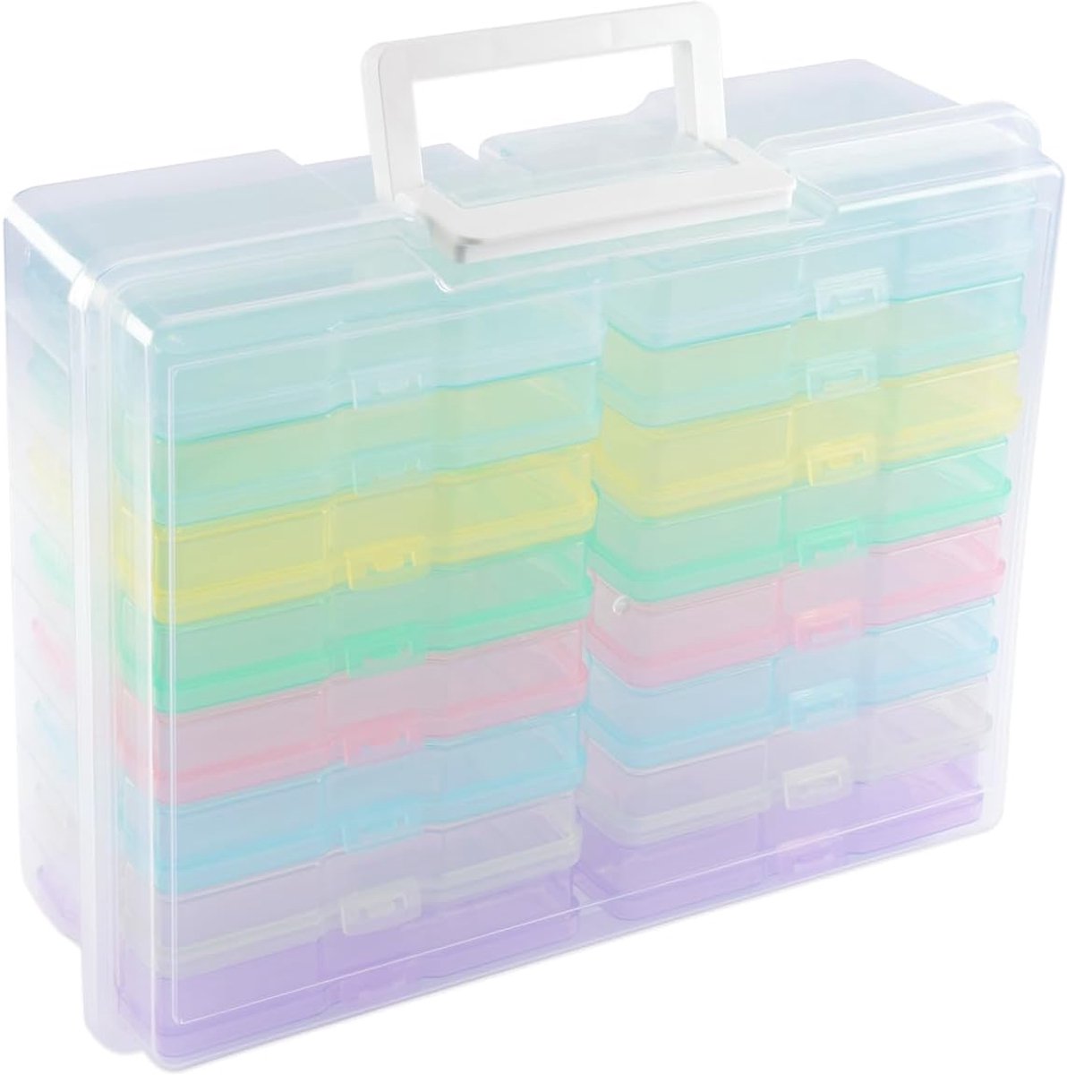 SnelShoppen - Transparante Opbergdoos met Deksel en Handvat, 37,5 x 30 x 13 cm, Inclusief 16 Potjes van 17 x 12 x 3 cm, Voor Scrapbooking, Kaarten, Kn